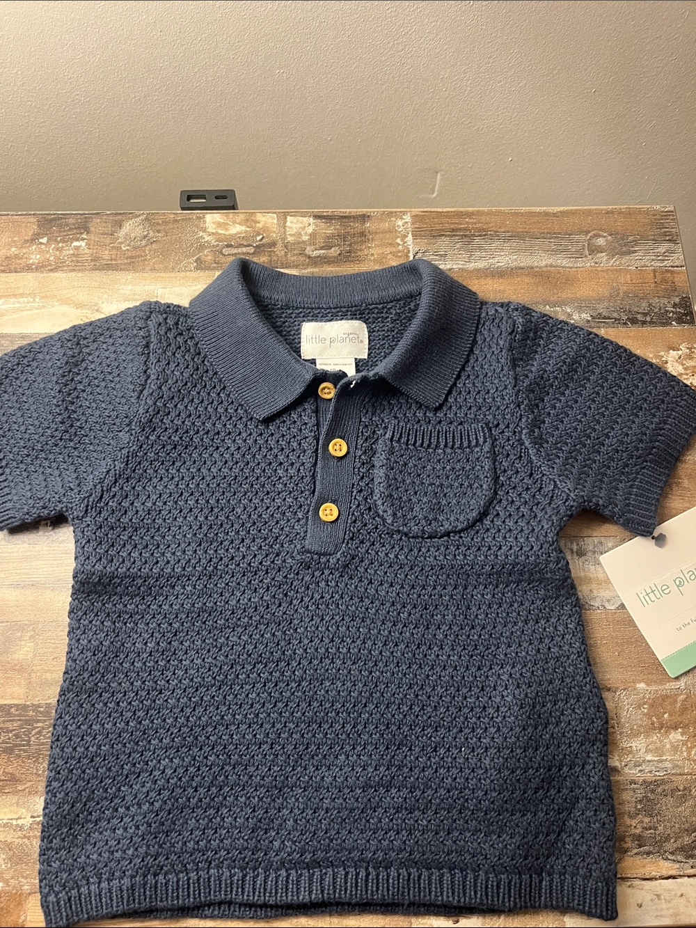 Little Planet Navy Textured Knit Polo Shirt for Kids
